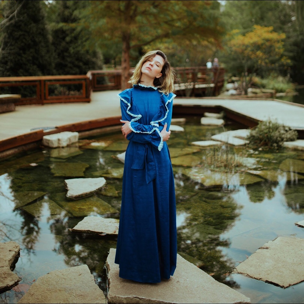 Royal blue 70’s prairie dress with ruffle detail!